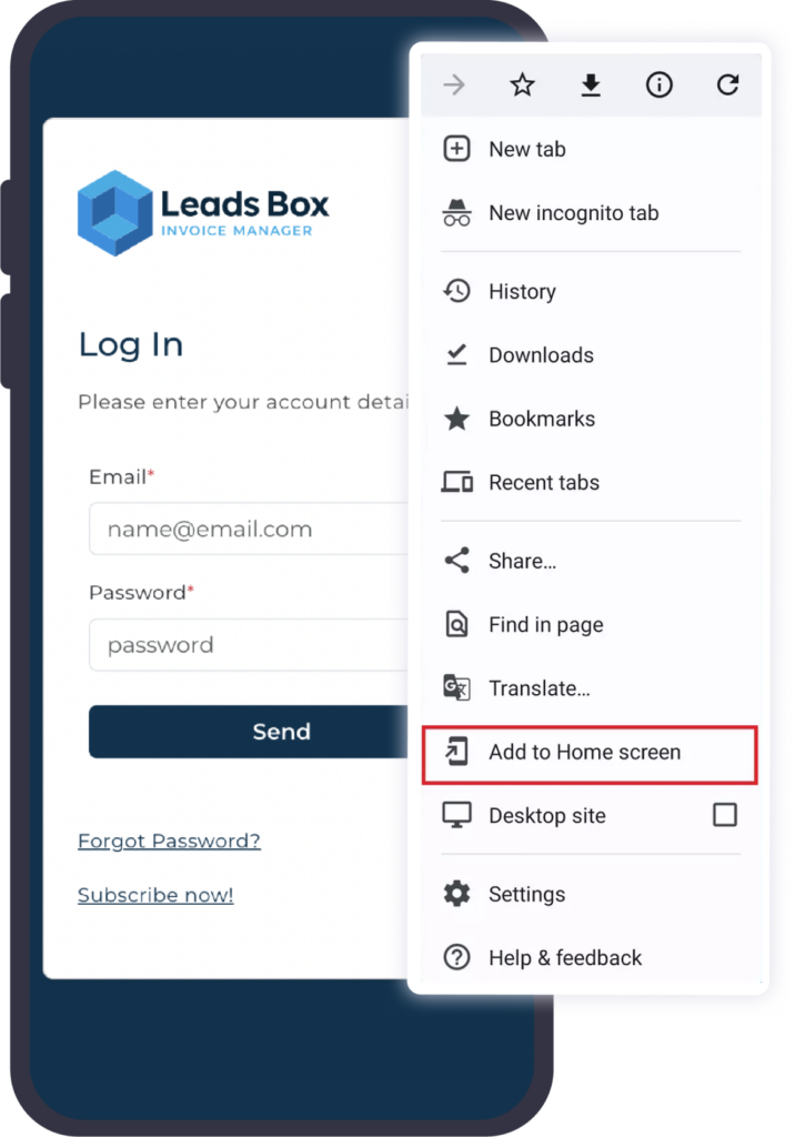 Leads box invoices login with android