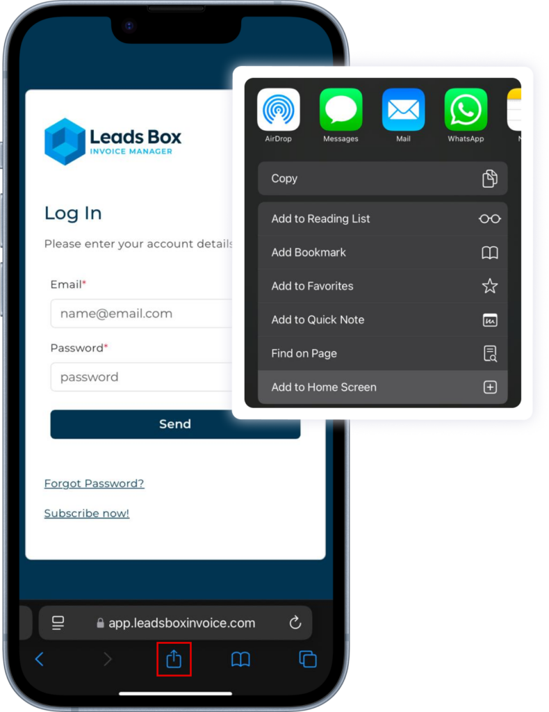 Leads Box Invoice Mobile App Home Screen